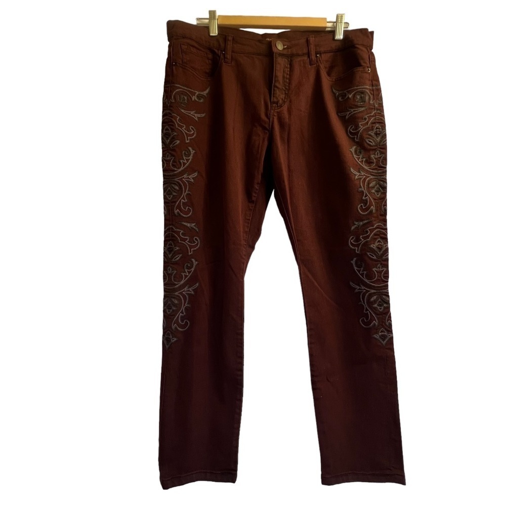 B D G Women's Pants 32 Burgundy Embroidered Skinny Stretch Mid Rise Twig Ankle